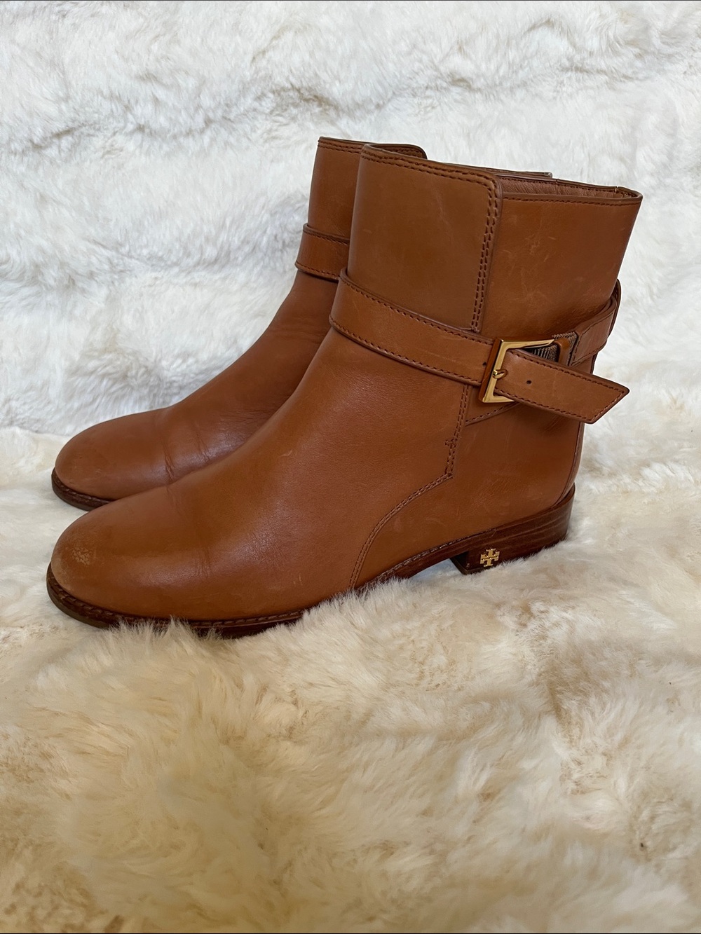 Tory Burch Cognac Leather Buckle Ankle Boots size 7.5